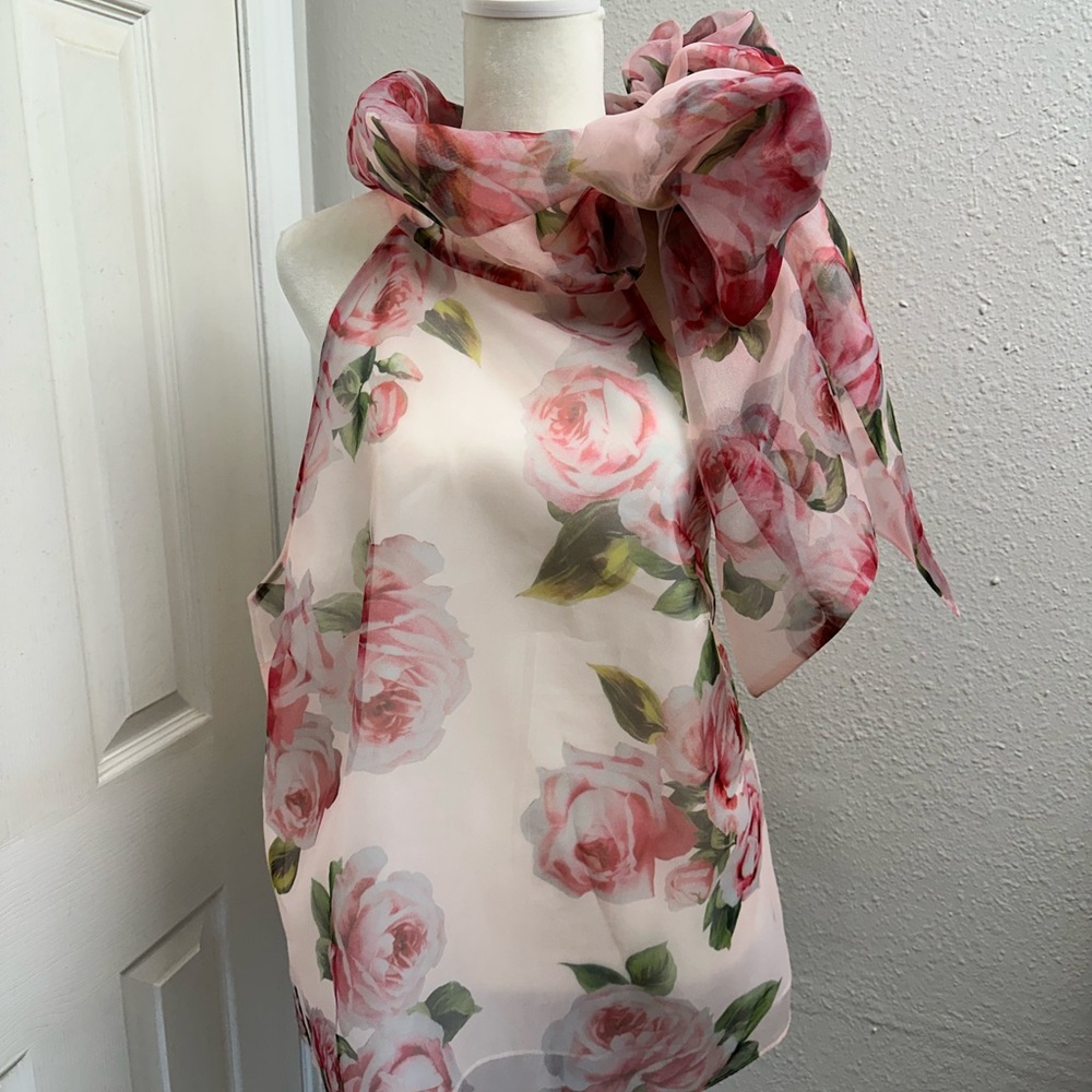 VENUS Pale Pink and Green Sheer Sleeveless Floral Scarf Blouse